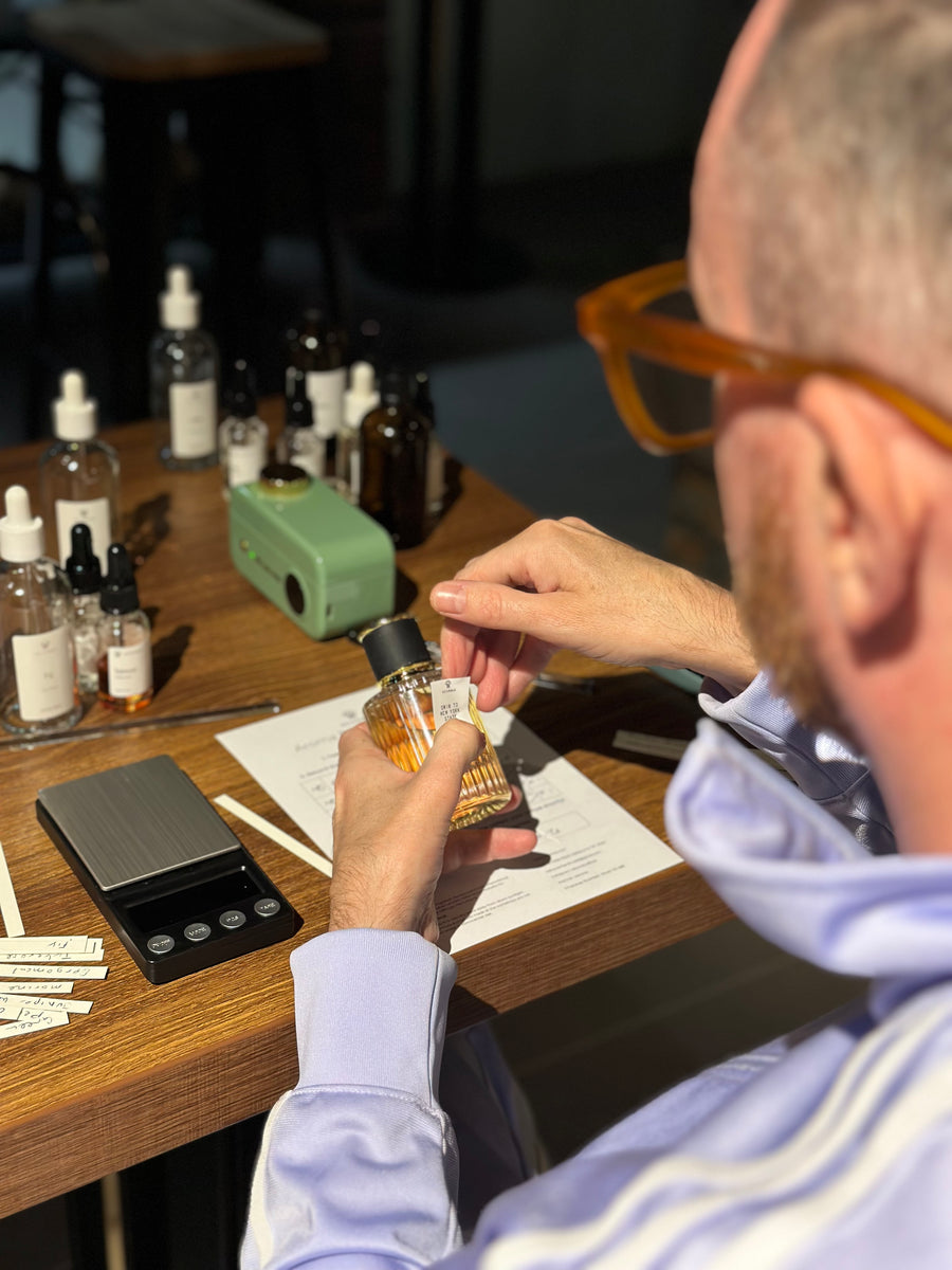 small bottles and tools on a wooden table