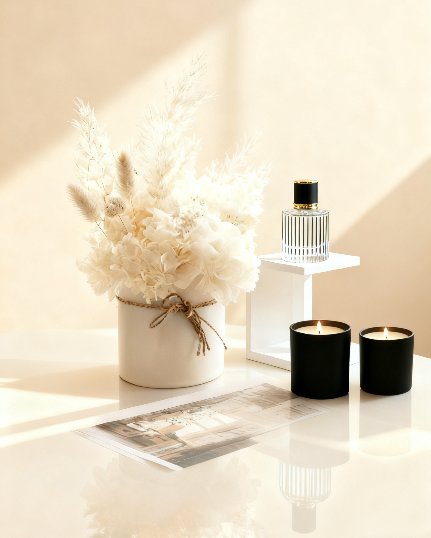 Decorative setup with candles, a bottle of perfume